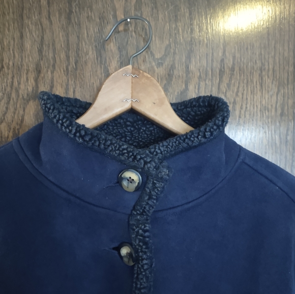 L.L. Bean 70s Style Faux Shearling Sherpa Coat | Navy, Button, Lambskin, Suede - Picture 4 of 14
